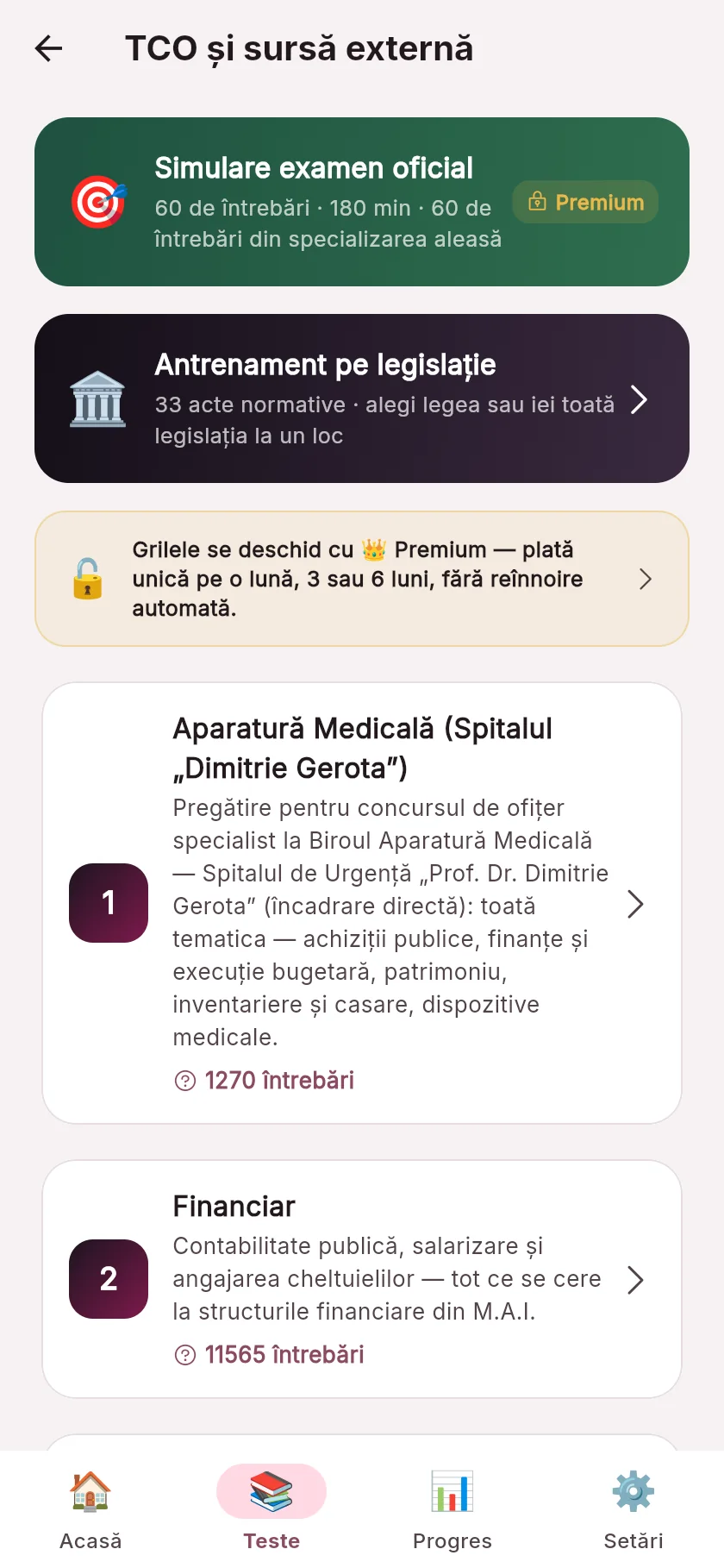 Specializările, fiecare cu banca ei de grile